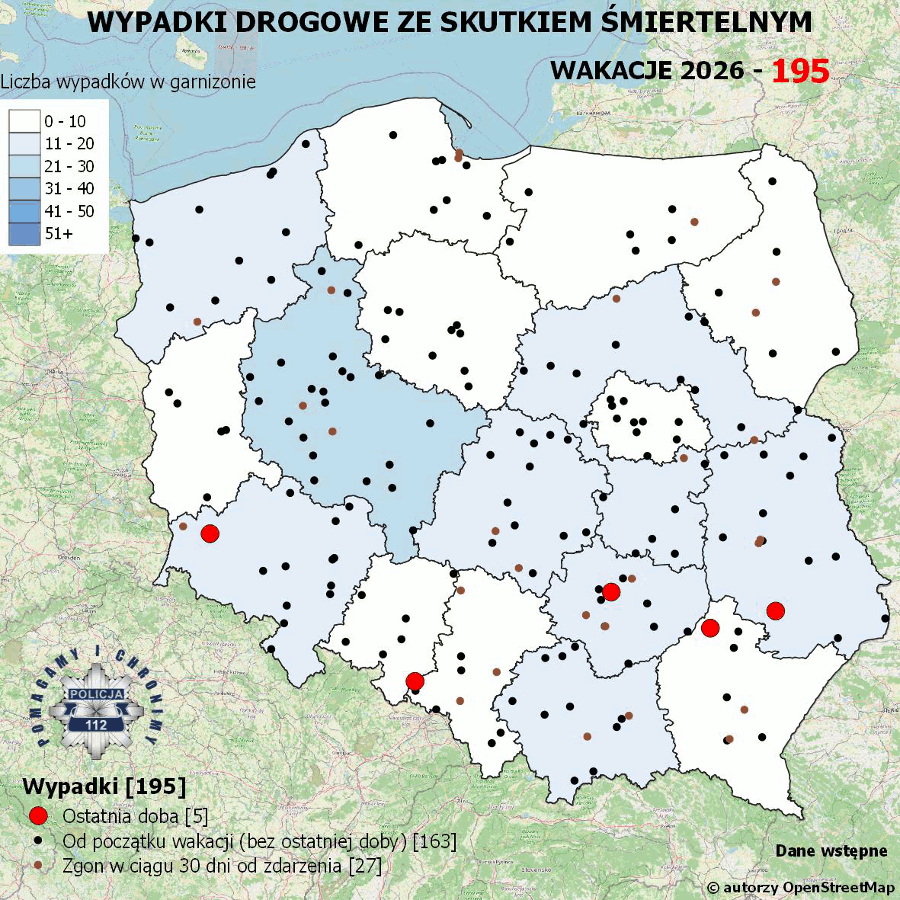 Mapa prezentująca liczbę wypadków poprzedniej doby w Polsce. Prezentowane dane są dostępne w tekście poniżej.