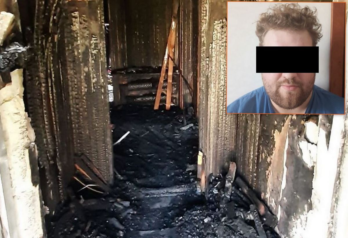 Na zdjęciu widzimy spalone mieszkanie oraz zatrzymanego mężczyznę 