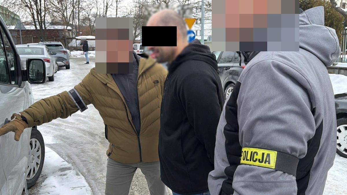 Policjanci wprowadzają do radiowozu zatrzymanego mężczyznę.