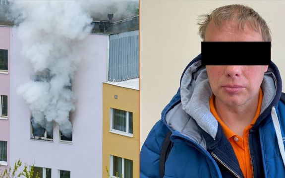 Kolaż zdjęć na których widać zatrzymanego mężczyznę oraz palący się budynek .