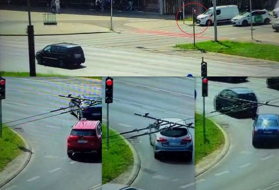 Kolaż zdjęć na których widać pojazdy ignorujące światło czerwone na skrzyżowaniu.