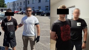 kolaż zdjęć przedstawiający zatrzymanych mężczyzn z policjantami