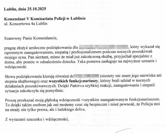 treść podziękowań