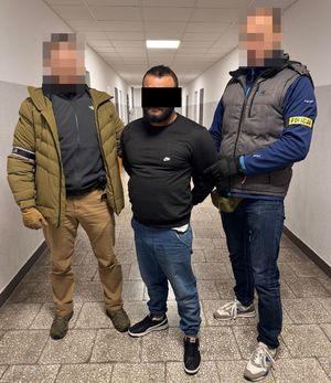 policjanci prowadzą zatrzymanego mężczyznę