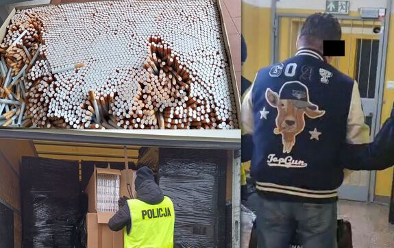 Zabezpieczone papierosy oraz zatrzymany mężczyzna.