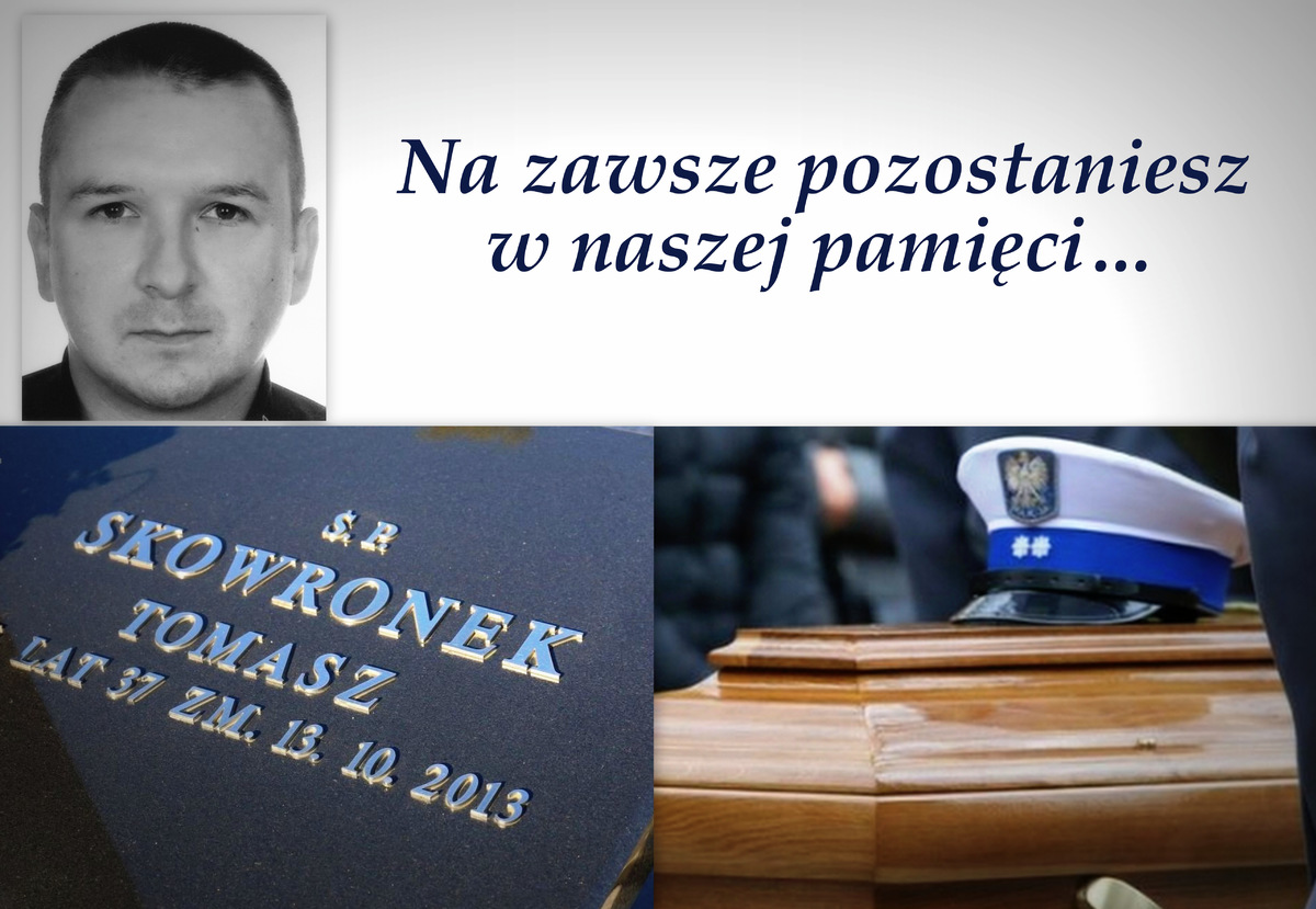 Zdjęcie przedstawia kolaż zdjęć zmarłego aspiranta Tomasza Skowronka