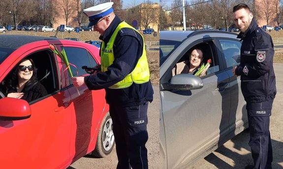 kolaż zdjęć z wręczania kwiatów kierującym przez policjantów