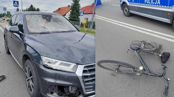 kolaż zdjęć przedstawiający uszkodzene audi i rower leżący na jezdni