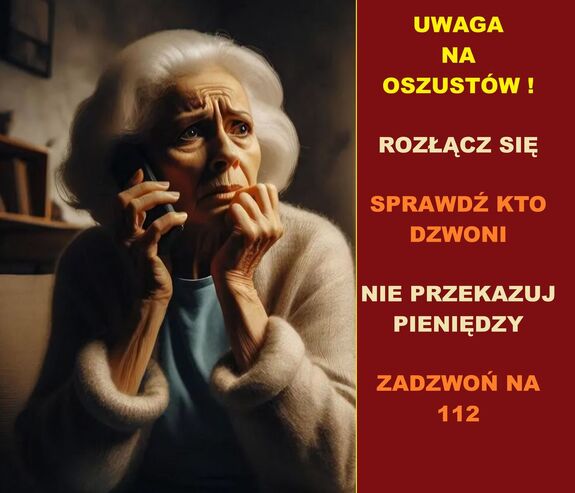 plakat z seniorką przestrzegający przed oszustami