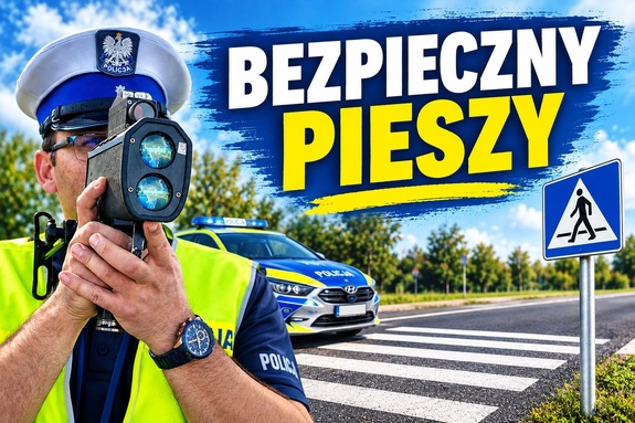 Plakat informujący oo akcji bezpieczny pieszy. Policjant mierzy prędkość a w tle znak pionowy informujący o przejściu dla pieszych.